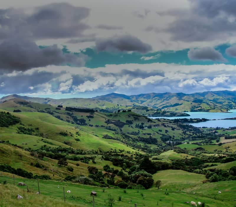 A Skyline View of Akaroa with Green Hills & Lakes