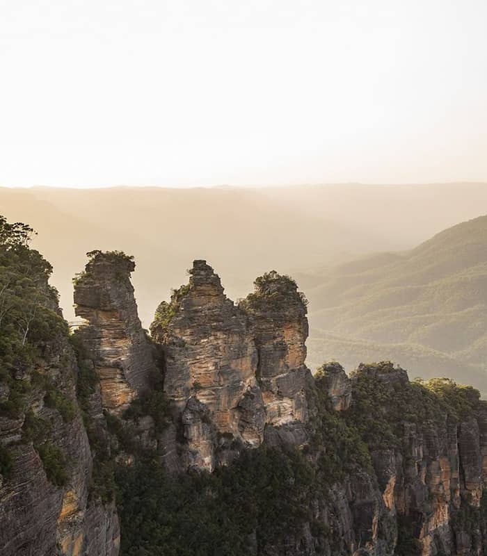A vertical shot of the three famous sandstone peaks known as the Three Sisters, overlooking a vast, misty valley under a soft, golden sunset light.