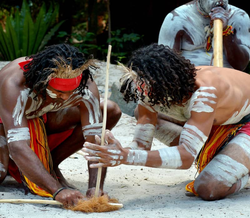Group of Australian Aboriginals men demonstrating fire making craft during Aboriginal culture show in the far tropical north of Queensland, Australia._shutterstock_636938539.jpg