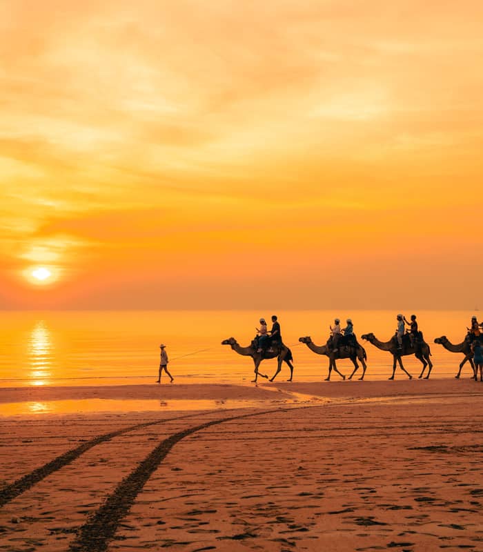 A line of camels and riders silhouetted against a brilliant orange sunset on the beach in Darwin.