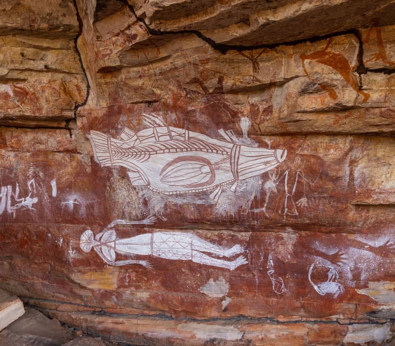 Detailed Aboriginal rock art at Ubirr depicting a large Barramundi and human figures in the traditional X-ray style, showcased during a Yibekka Kakadu Tour.